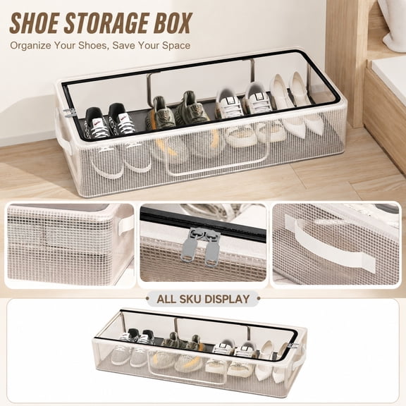 Shoe Storage, Stackable Shoe Organizer, Clear Storage Bin with Lid, Under Bed Shoe Storage Organizer, No-Assembly Small Shoe Rack Shoe Container 16X12X6 in for Compact Footwear