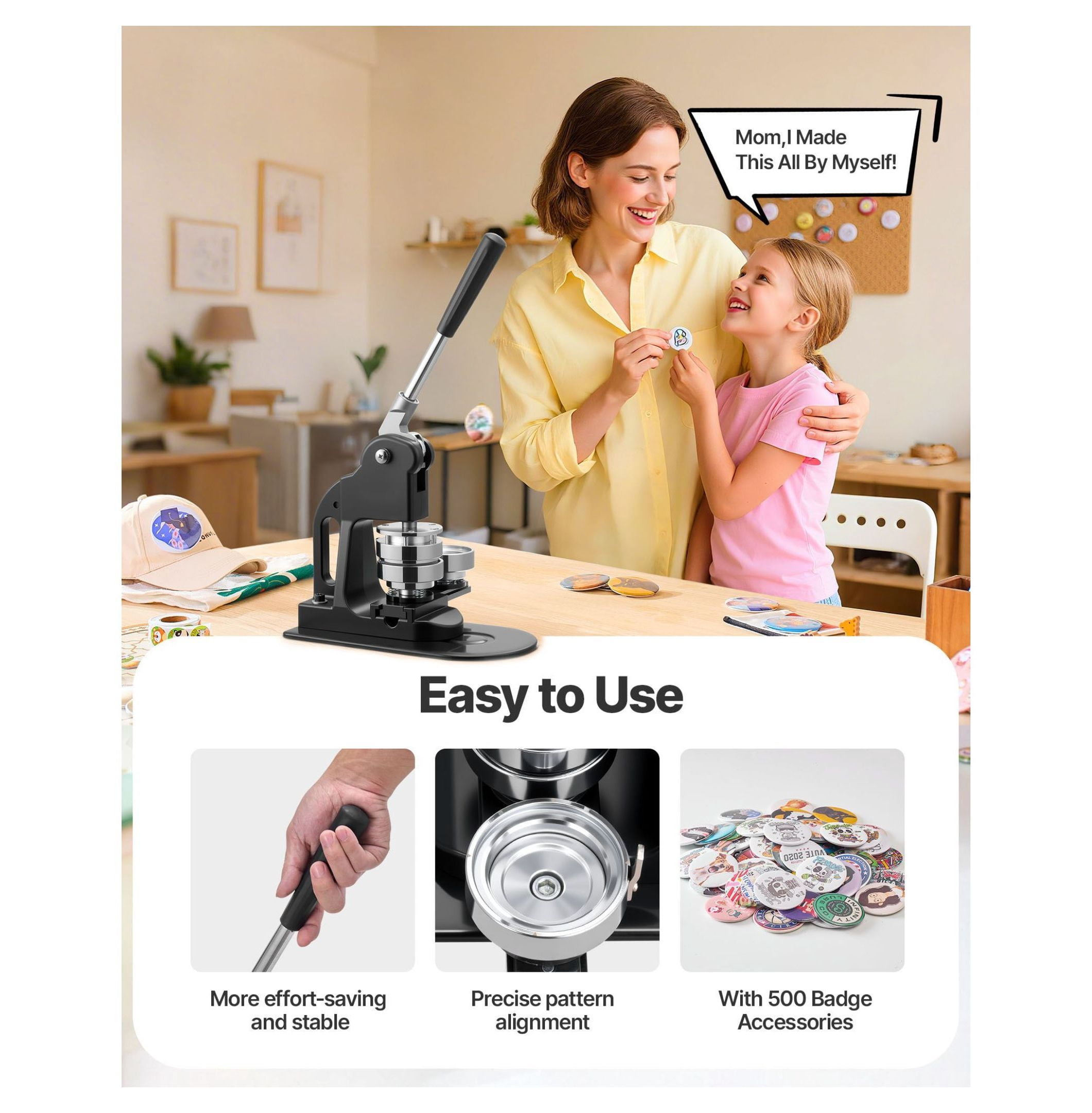 Button Maker Machine 2.25 inch - Pin Maker Kit with 500 Parts - DIY Badge, Pin & Keychain Maker - Circle Cutter & Wrenches Included - Black