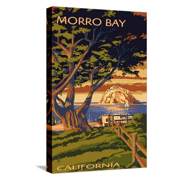 Art.com Morro Bay, California Town View with Morro Rock Poster Stretched Canvas Print Wall Art by Lantern Press, 12" x 18"