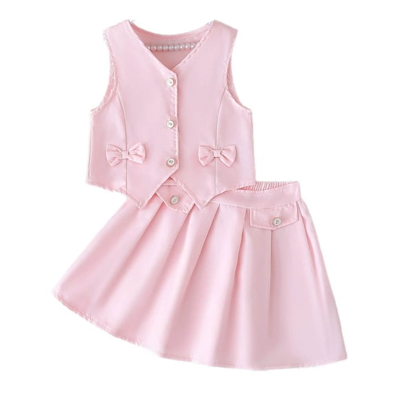 WEIGFI Toddler Girls Outfit Sets Summer School Uniform Button Vest Top And Pleated Skirt 2 Piece Sleeveless V-Neck Two Piece Bowknot Solid Color Performance Daily Cute Vacation Set,Pink,3-4 Years