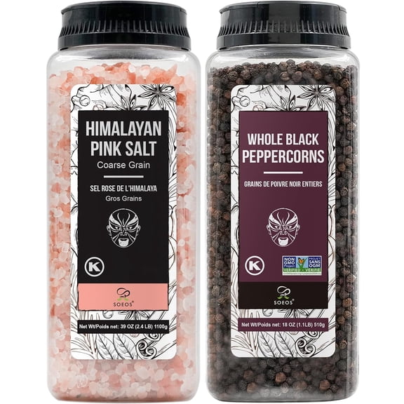 Soeos Himalayan Pink Salt 39oz   Whole Black Peppercorns 18oz, Kosher, Pink Salt and Peppercorn, Salt and Pepper for Grinders Refill, Fresh Flavor Spice and Seasoning Set