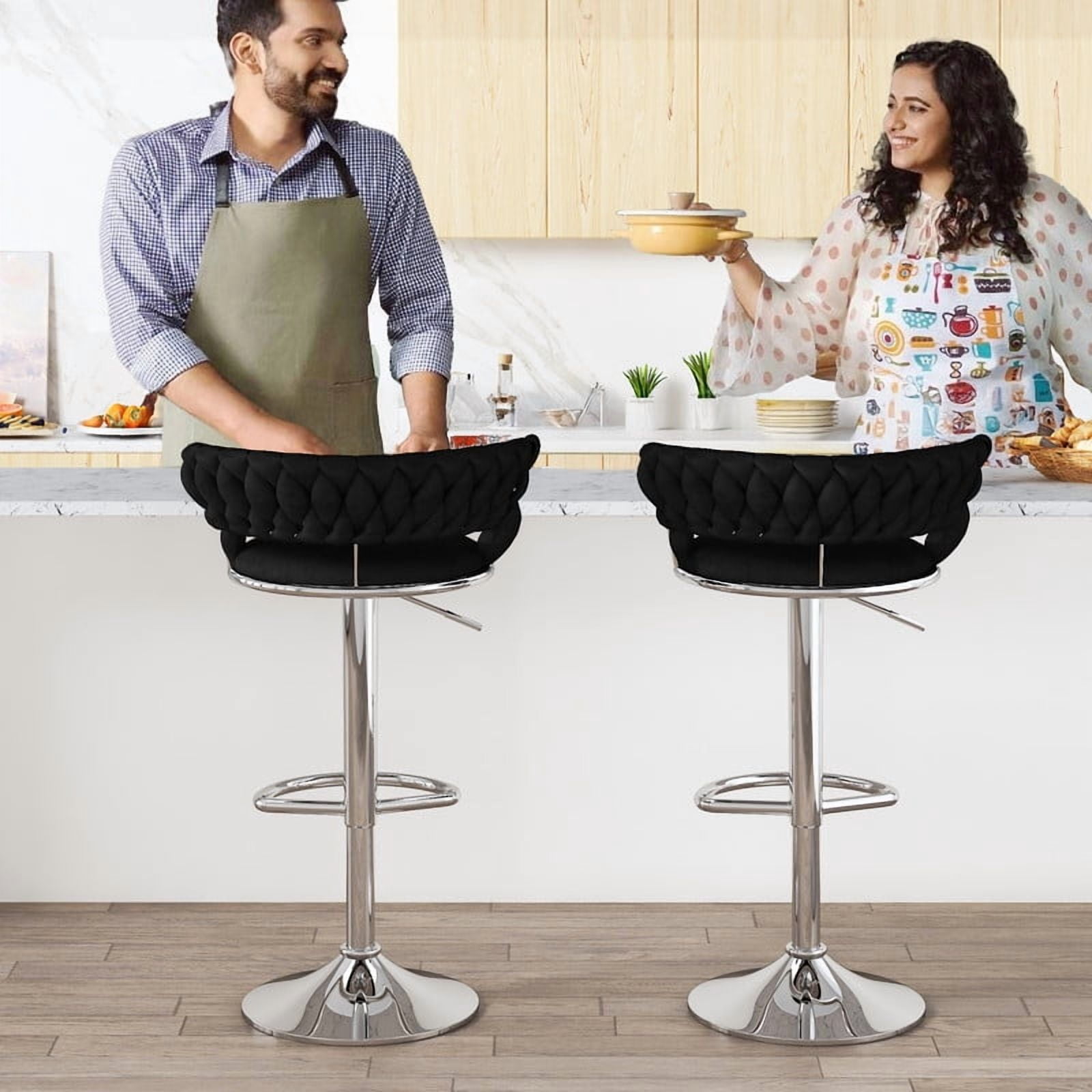 Baxluxe Velvet Bar Stools Set of 2, 360 Degree Swivel Bar Chairs with Footrest & Backrest, Adjustable Counter Height Barstool Dining Chairs, High Stool Pub Chairs for Kitchen Island, Black