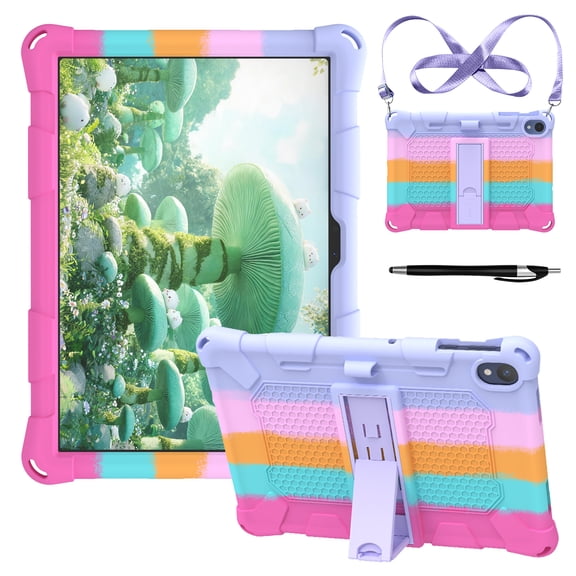 Lunvic for onn 11 inch Core Tablet 2026 Case for Kids, with Stylus Pen & Shoulder Strap, Push Bubble Kickstand Heavy-Duty Cover, Rainbow