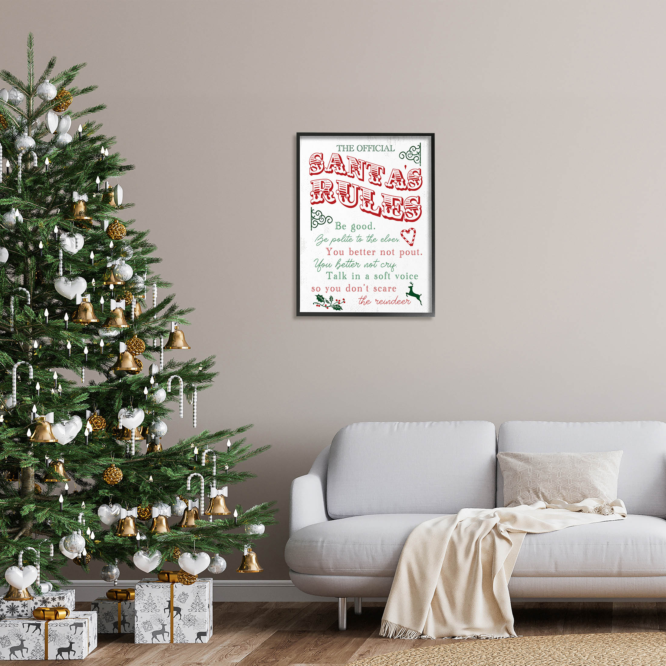 Official Santa's Rules Christmas List Holiday Graphic Art Black Framed Art Print Wall Art