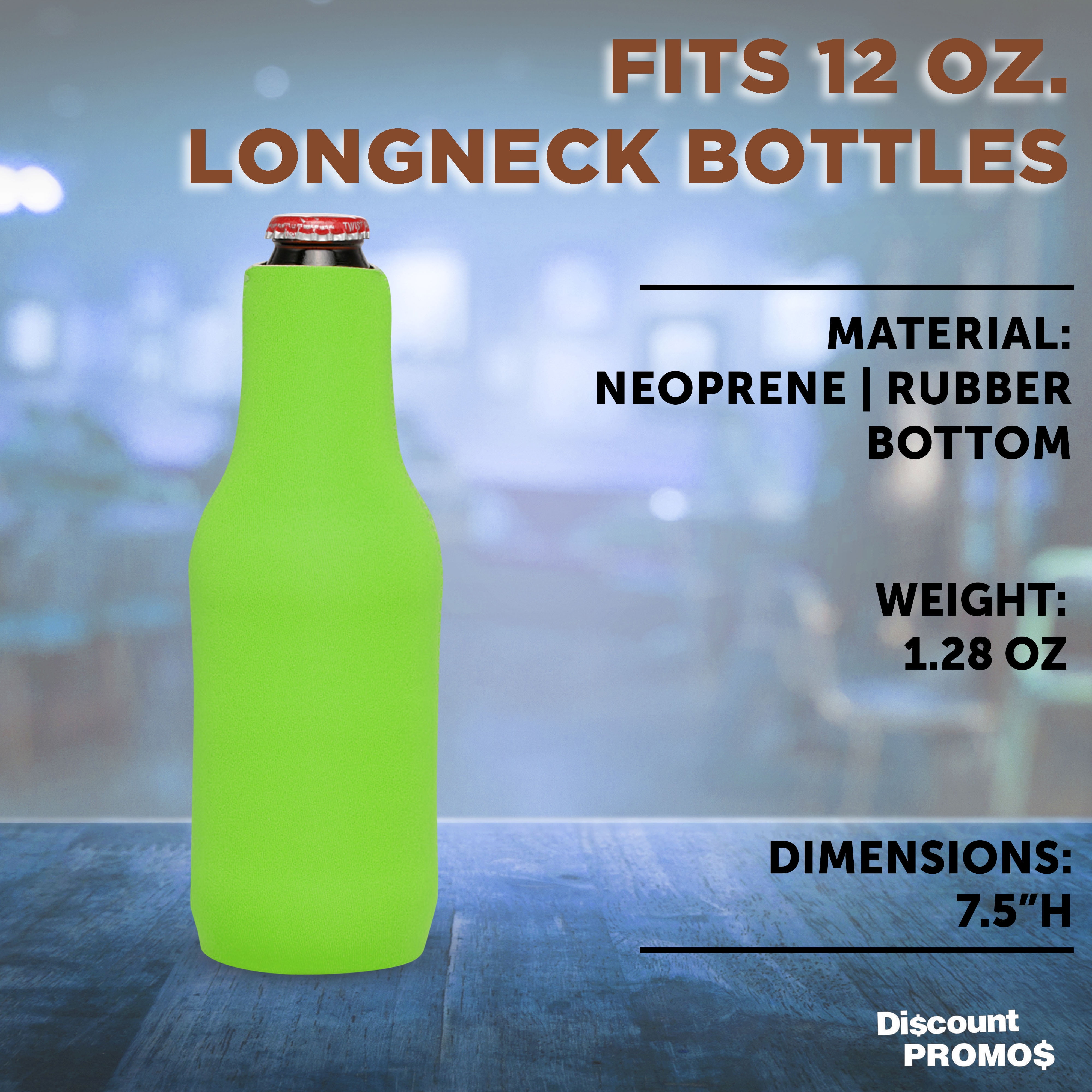 10 Neoprene Zippered Beer Bottle Coolies Pack - Sharkskin Rubber Bottom - Lime Green