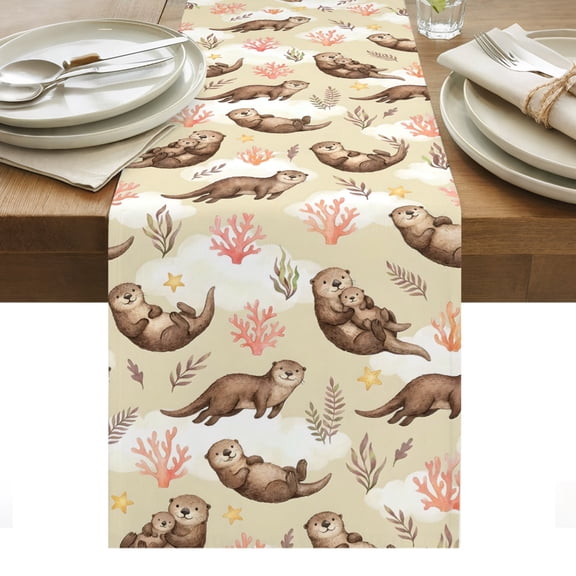 Cute Sea Otters Table Runner Coastal Coral Ocean Seagrass Country Cloud Tablerunners 13 x 108 Inch, Table Decorations Tabletop Scarf for Summer Gathering Holiday Farmhouse Kitchen Dining Decor