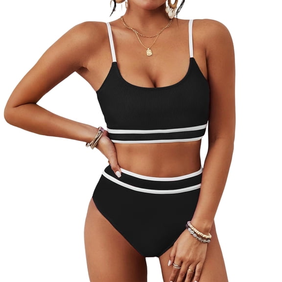 Women's High Waisted Bikini Ribbed Two Piece Swimsuit High Cut Adjustable Straps Color Block Bathing Suit Black M