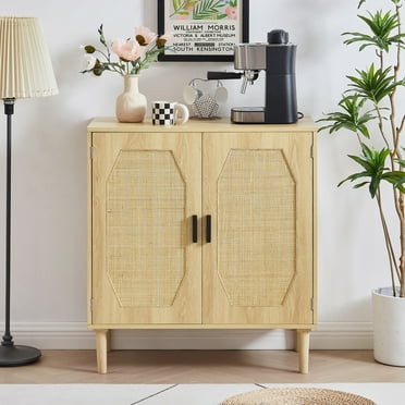 PORKISS Sideboard Buffet Cabinet, Modern Kitchen Storage Cabinet with Rattan Decorative Doors, Storage Cabinet for Dining Room, Hallway, Natural