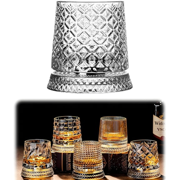 Ymbolf Spinning Whiskey Glass, 360° Rotating Crystal Glass with Star Cut, Stress Relief Spinning Rocks Glass for Bourbon Scotch Cocktails (White-A)