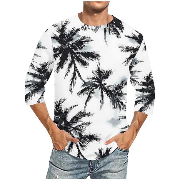 Camisetas de Manga Larga para Hombres Tres Cuartos de Manga Hawaii Impresión Movimiento Culturismo Camiseta, Mezcla de Poliéster de Lino de Algodón