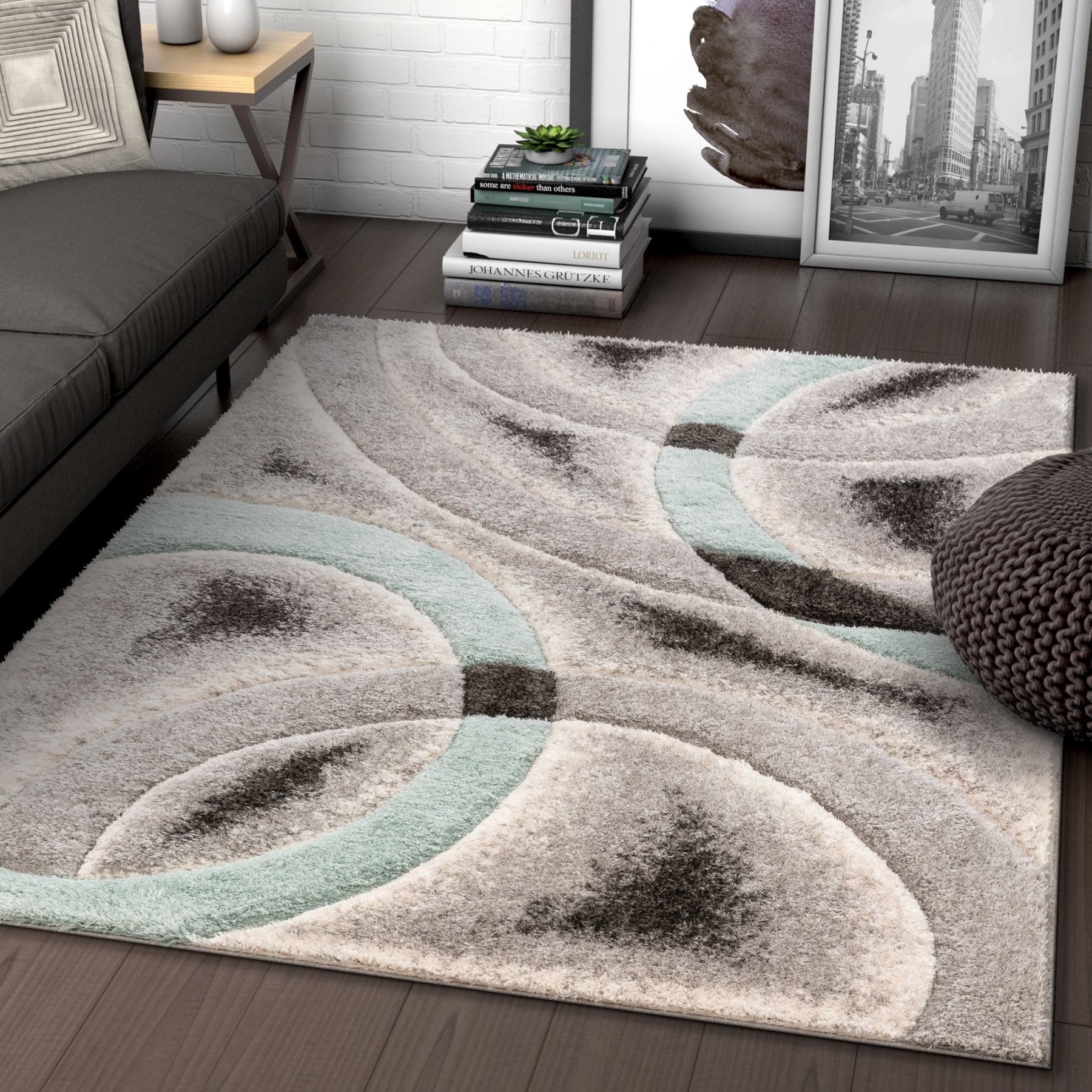 Well Woven Olly Light Blue Geometric Stripes Thick Soft Plush 3d Textured Shag Area Rug Walmart Com Walmart Com