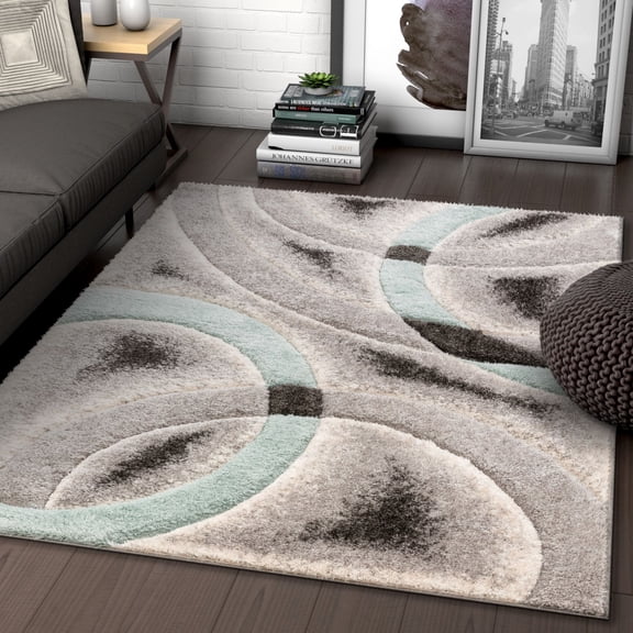 Well Woven Olly Light Blue Geometric Stripes Thick Soft Plush 3D Textured Shag Area Rug