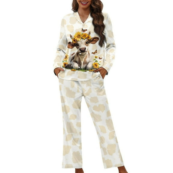 SCRAWLGOD Cow Sunflower Pajamas for Women Long Sleeve Button Pjs Womens Sets Fall Size XS V Neck 2 Piece Sleepwear Elastic Women's Pajama with Pockets