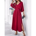 thumbnail image 4 of Women'S Satin Batwing Sleeve Cocktail Evening A Line Long Dress V Neck Ruched Loose Maxi Dress Wine Red L, 4 of 9