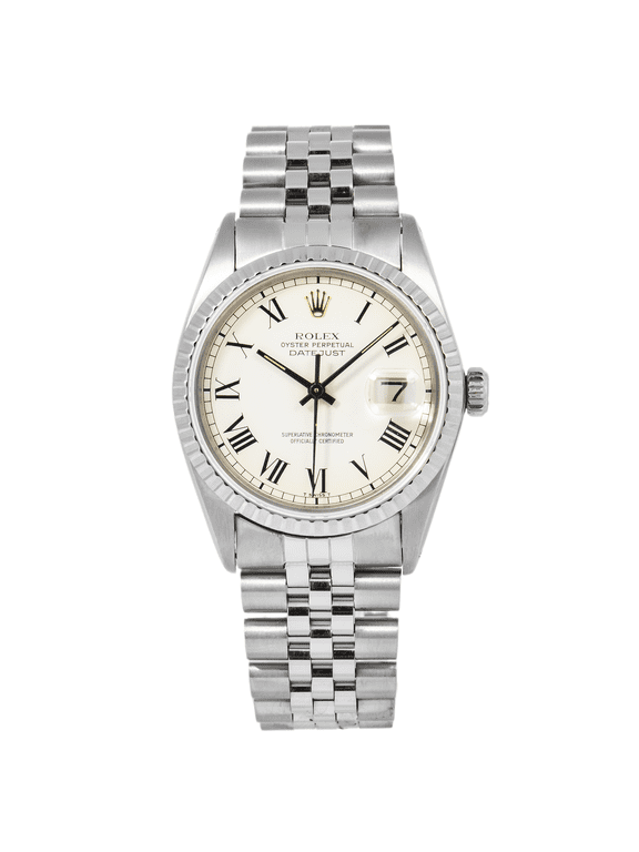 Pre-Owned Rolex Datejust 36MM 1603 White Roman Dial Engine Turned Bezel Stainless Steel Jubilee Bracelet