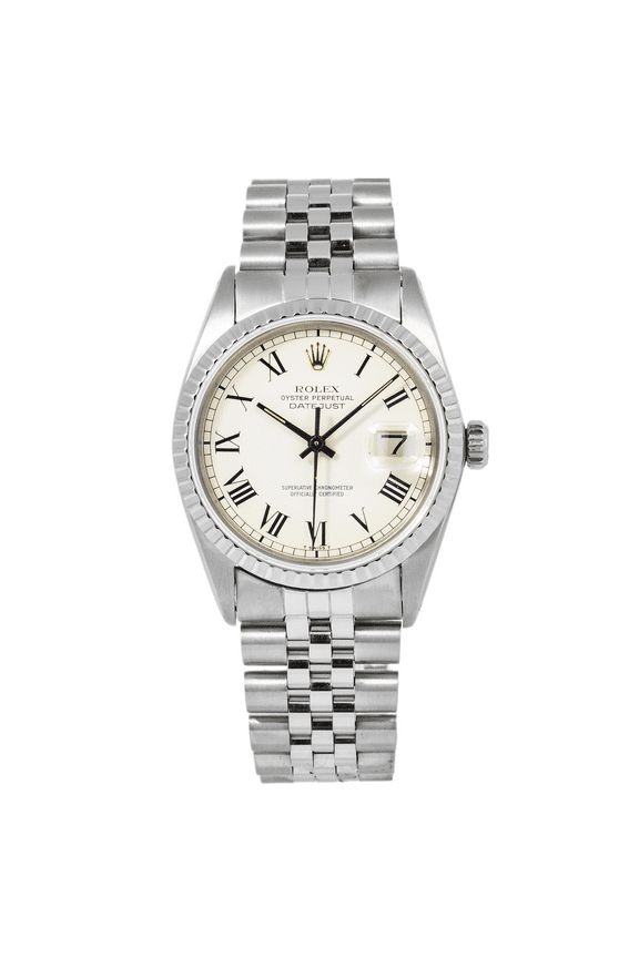 Pre-Owned Rolex Datejust 36MM 1603 White Roman Dial Engine Turned Bezel Stainless Steel Jubilee Bracelet