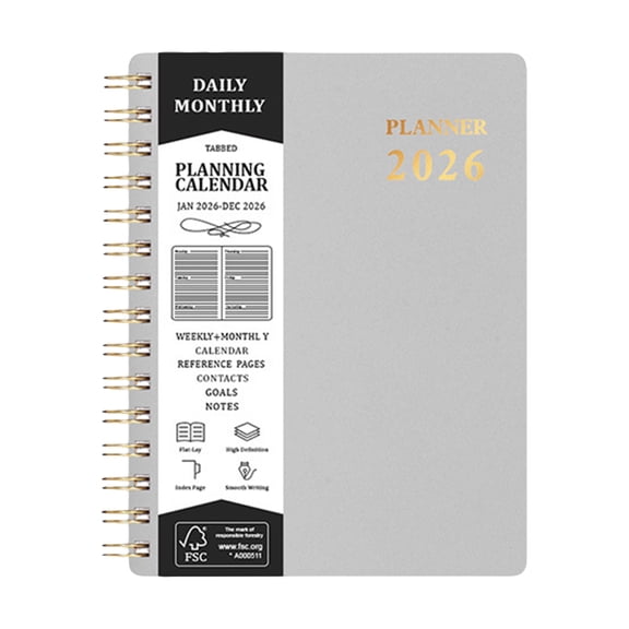 Planner 2026 Spiral Bound Hardcover, 12 Month Weekly and Monthly Calendar Notebook, Gray Tabbed Organizational Pad for Home Office School Daily Schedule Planning