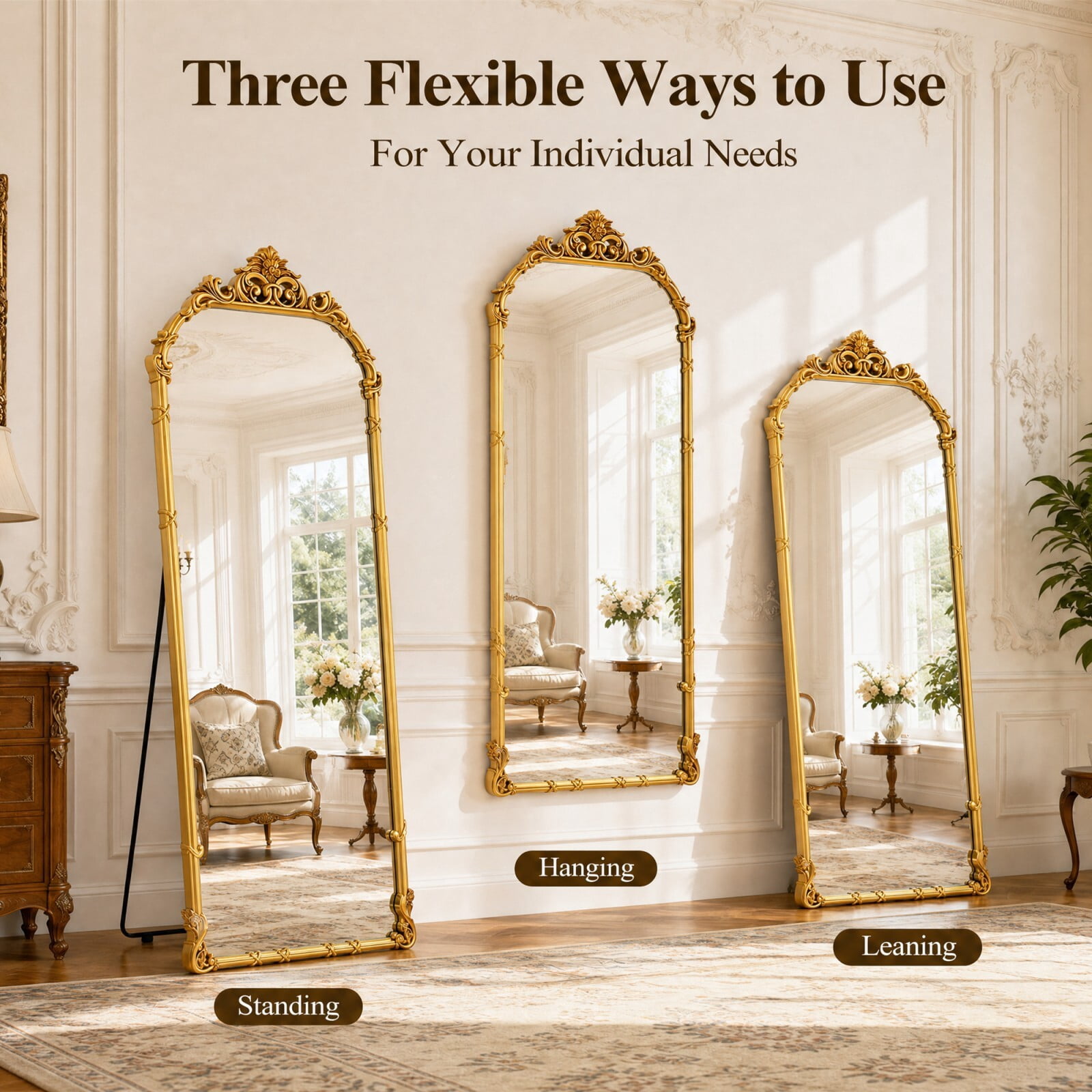 Easy4Home 69"x28" Arched Full-Length Floor Mirror Baroque Scroll Carved Standing Mirror, Bright Gold