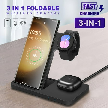 FDGAO 3 in 1 Wireless Charger Stand 15W Charging Station Foldable For Samsung Galaxy S23/S22/S21/S20 Ultra/S10/S9/S8 Plus Note 20/10  Galaxy Buds  Galaxy Watch 6/5 Pro/5/4/3/Active 2/1  Black