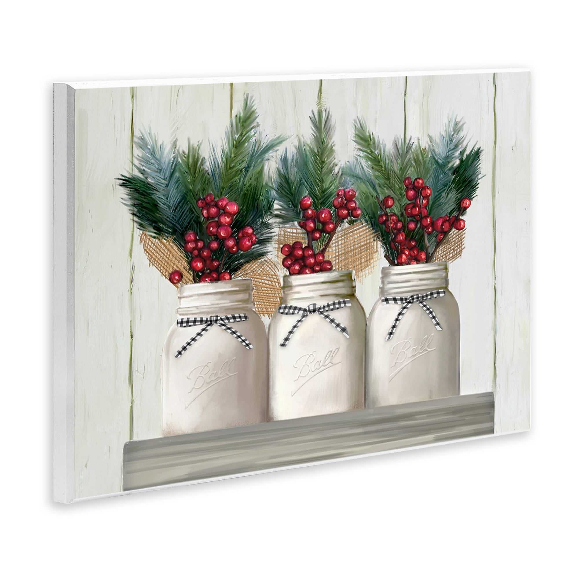 White Country Jars with Christmas Berry Bouquets Design 15 in x 10 in Framed Painting Art Prints, by Stupell Home Décor