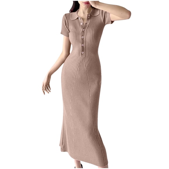 BUIGTTKLOP Maxi Dress for Women Summer V Neck Button Short Sleeve Slim Fitted Ribbed Knit Long Sweater Dresses