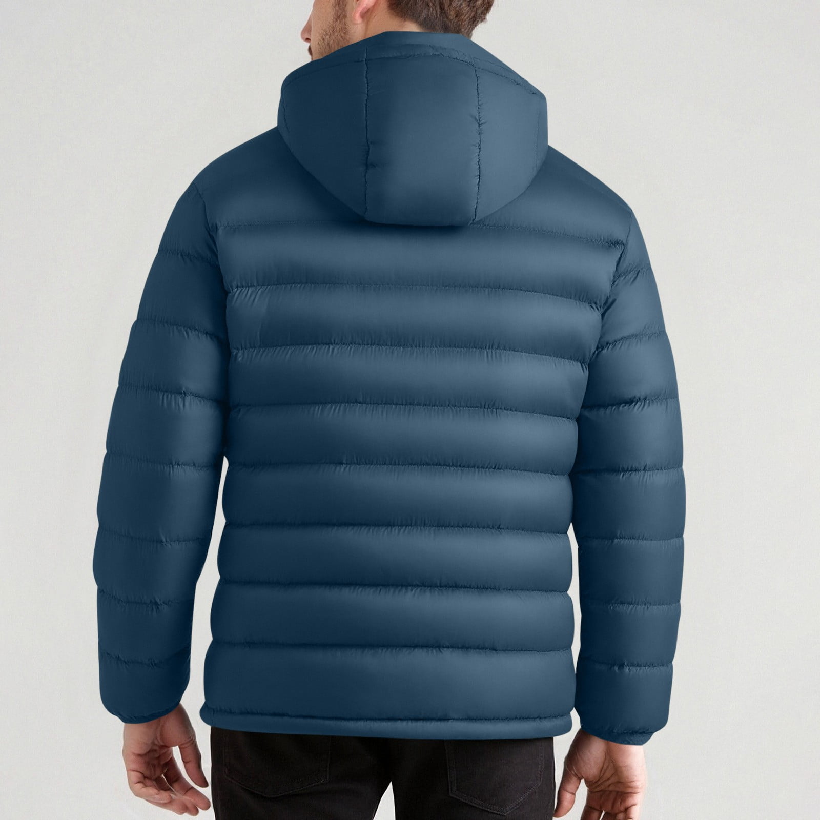 BiZtdJrK Mens Quilted Hoodie Jackets Full Zip Long Sleeve Hooded Puffer Jacket Solid Warm Fall Winter Outerwear with Pockets Navy XL