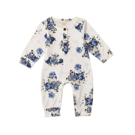 

Newborn Toddler Girls One Piece Jumpsuit Buttons Round Neck Long Sleeve Romper Overall