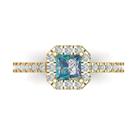 Halo Engagement Ring for Women - 0.89ct Blue Moissanite in 18K Yellow Gold Promise Ring