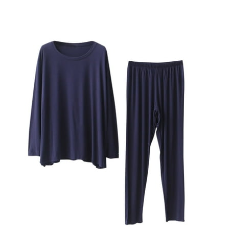 Sakmal Soft Pajama Sets for Women 2 Piece Long Sleeve Maternity Blue Modal Pj Set Crew Neck Solid Pajamas for Women