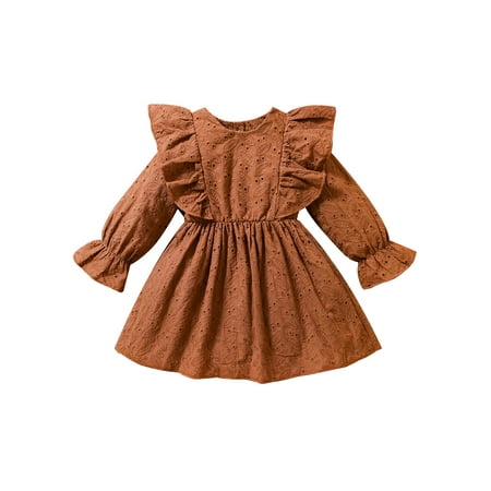 

Diconna Infant Baby Girl Fall Dress Ruffle Long Sleeve Solid A-line Dresses Princess Winter Dress Clothes Outfit Brown 3-6 Months