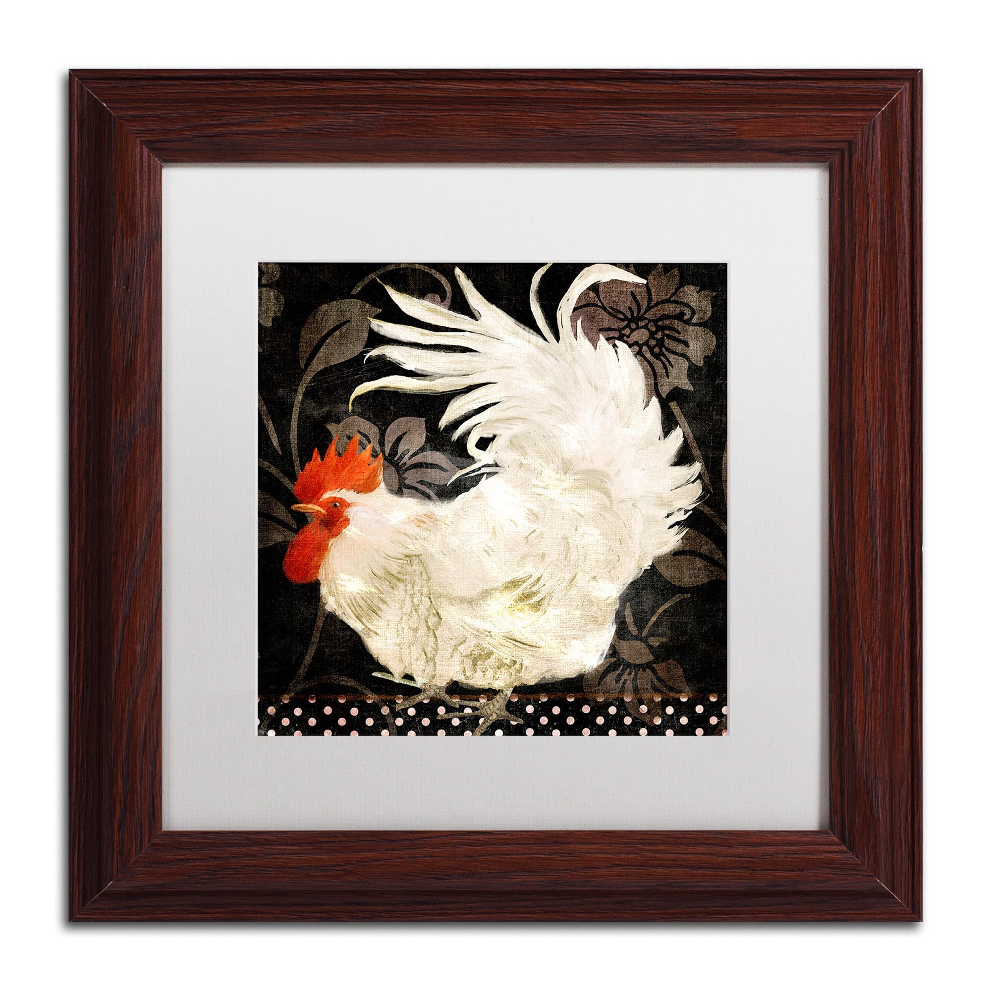 Trademark Fine Art "Rooster Damask I" Canvas Art by Color Bakery White Matte, Wood Frame