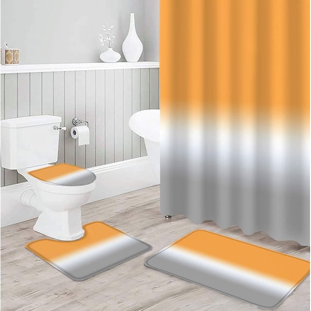 Juego de 4 cortinas de ducha con degradado de color naranja y gris con tapetes, tapa de inodoro y tapete de baño, cortina de ducha de color degradado con 12 ganchos, juego de decoración de baño