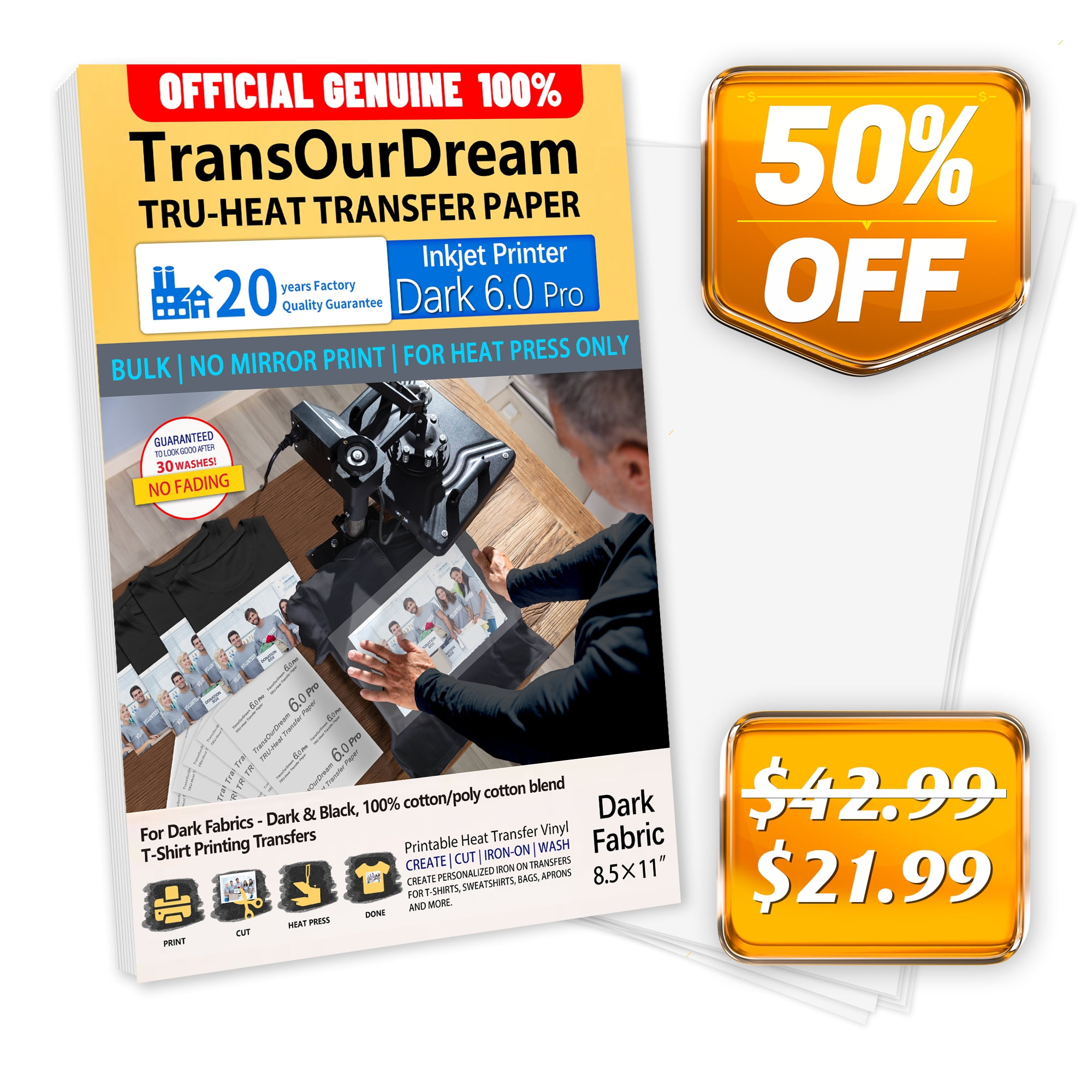 TransOurDream Inkjet Ironon Dark Transfer Paper 8.5x11" for Heat Press