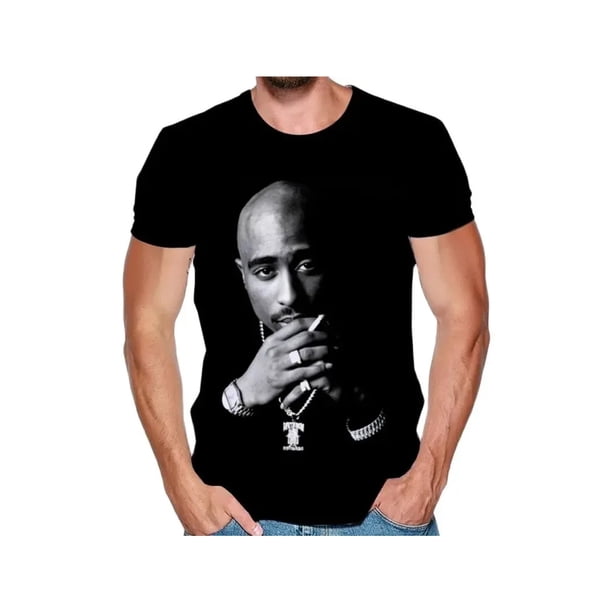 Camiseta de algodón para hombre inspirada en Tupac Shakur: cuello redondo informal, manga corta, estampado geométrico, lavable a máquina.