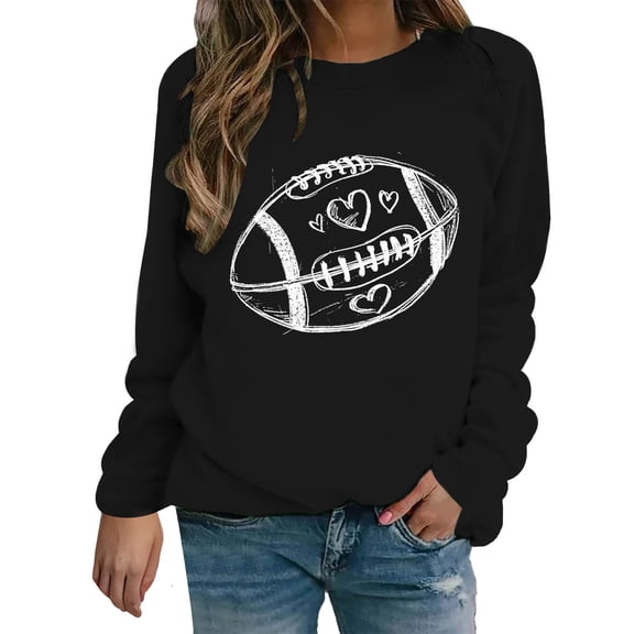 Holzkary Game Day Sweatshirts for Women Football Sweatshirts Funny Football Graphic Crewneck Long Sleeve Pullover Tops American Football Print Solid Color Round Neck Ladies Sweatshirt Black 3Xl