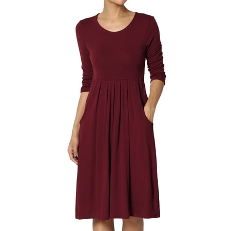 Jersey Tie Waist Dress - TheMogan Women's S~3X 3/4 Sleeve Stretch Jersey Pleated Waist Babydoll Dress