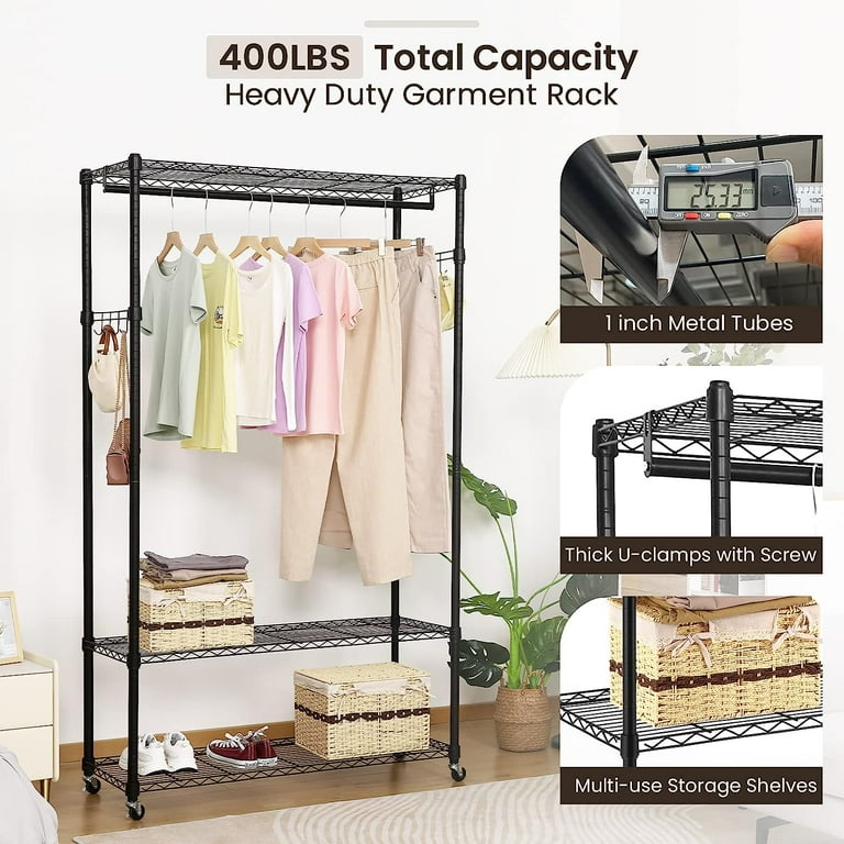 Homdox Garment Rack with 3 Tier Wire Adjustable Shelves Rolling Clothes Rack Heavy Duty 1 Hanging Rod 2 Side Hooks Black Walmart