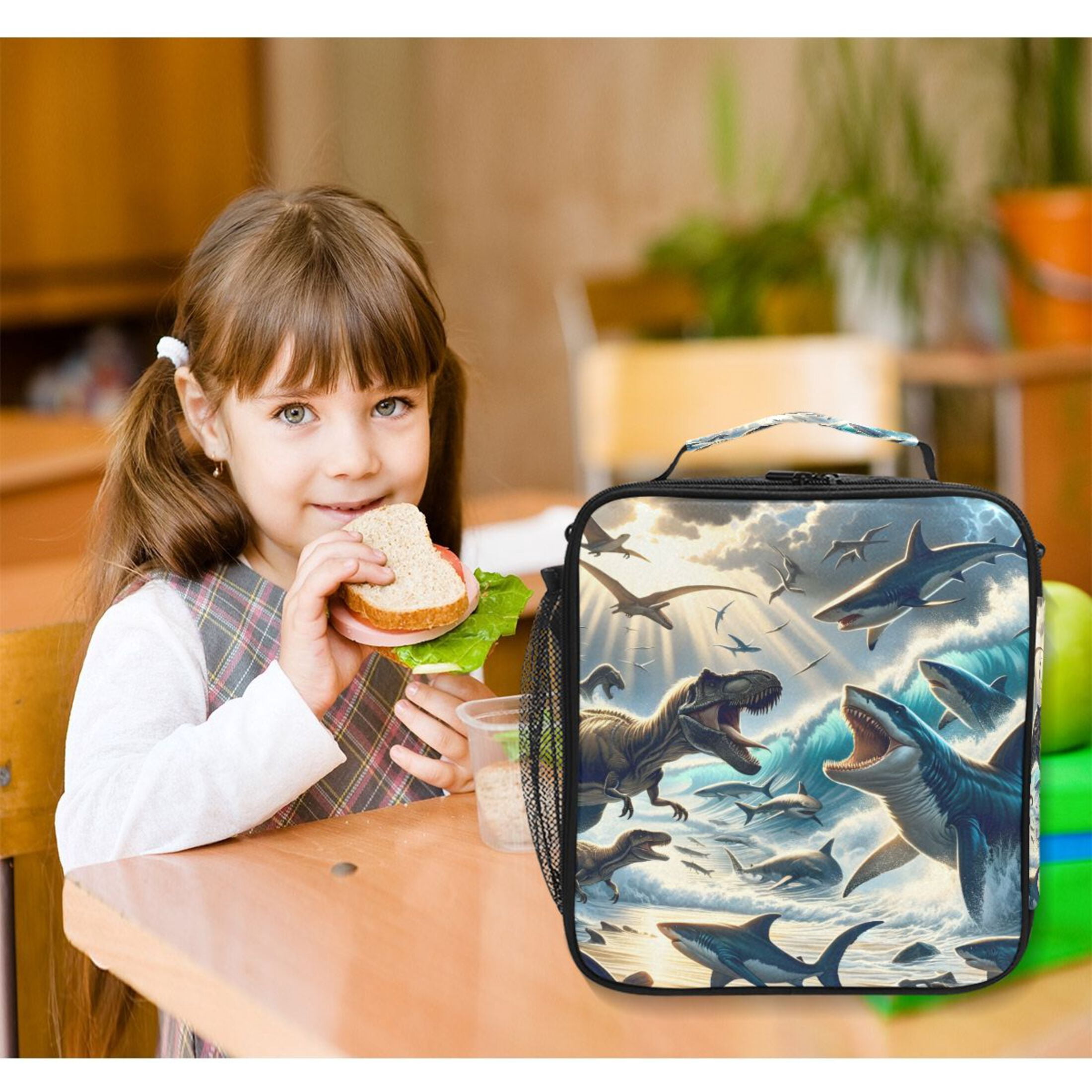 ALAZA Dinosaurs and Sharks on Beach Lunch Box Insulated Lunch Bag Reusable Thermal Cooler Tote School Picnic