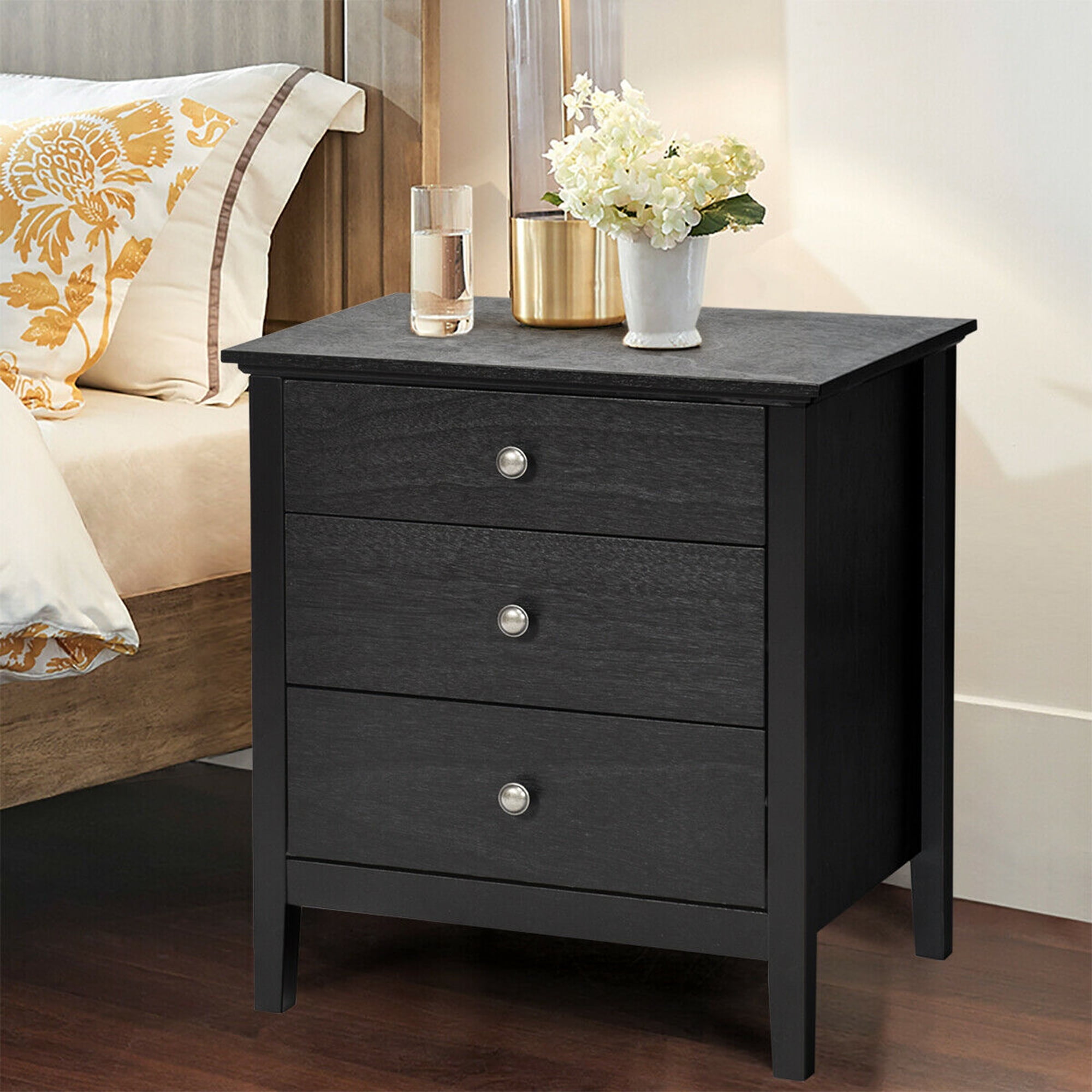 Gymax Accent Table Organizer Nightstand Beside End Side Table W/3 Drawers Black