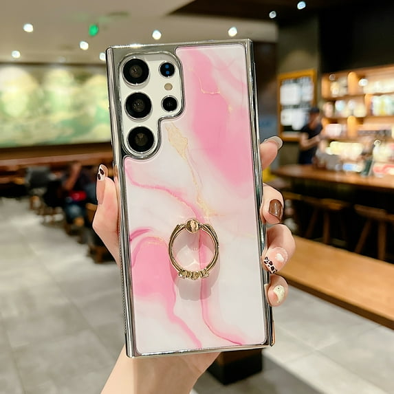 SaniMore for Samsung Galaxu S23 Ultra 6.8" 2023 Case with 360 Rotating Ring Bracket, Unique Fashion Marble Print Pattern Soft TPU Slim Fit Protective Shockproof Stylish Girly Stand Case, Rosegold