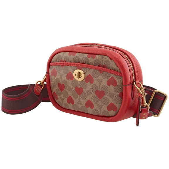 Coach Tan Red Apple Camera Bag In Signature Canvas With Heart Print