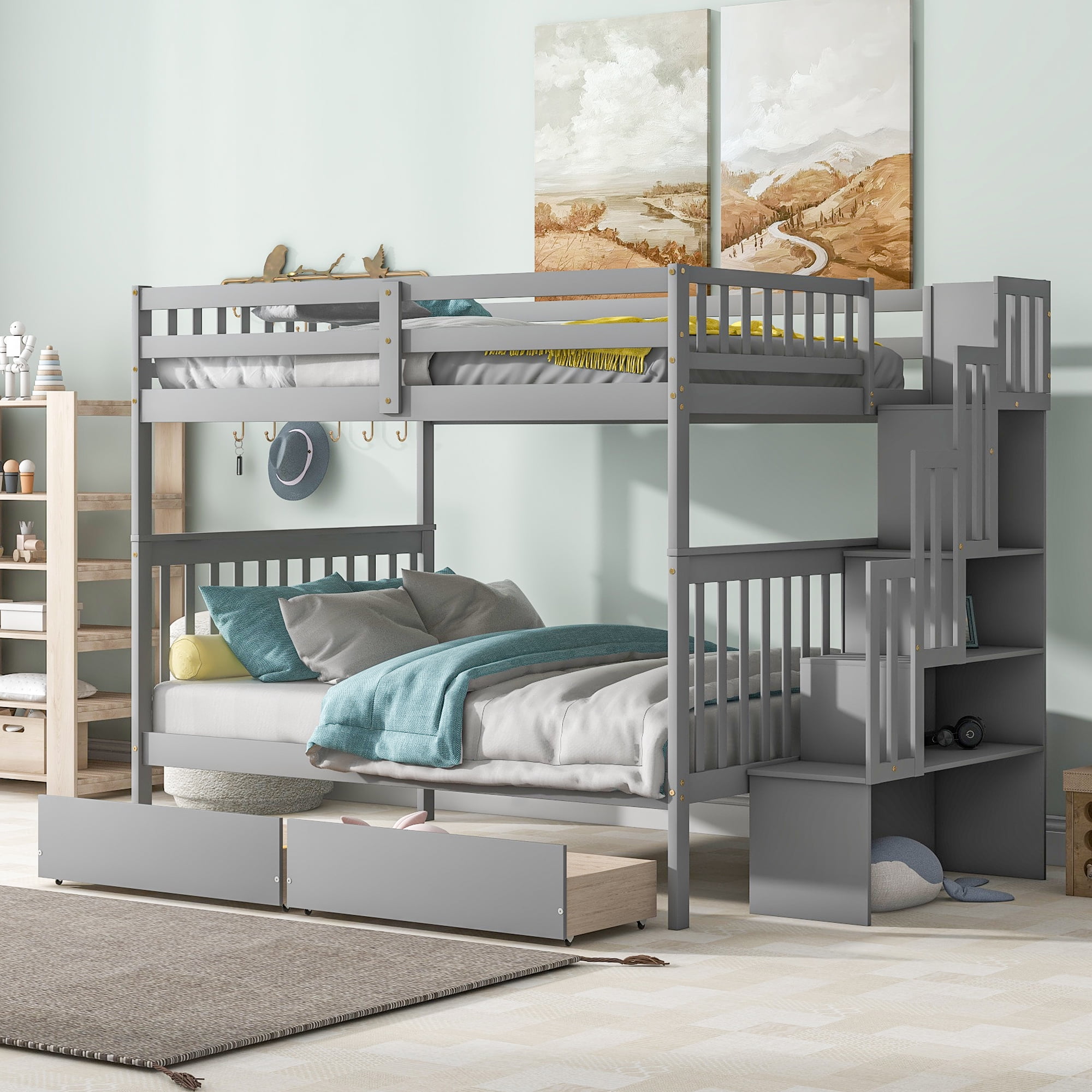 Bunk Bed with Stairs, Wooden Bunk Bed Frame with 6 Storage Drawers and Shelves, Removable Bunk
