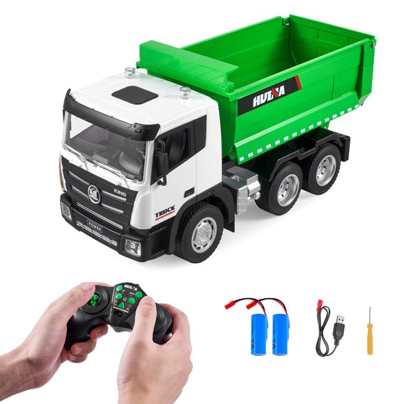 KFFKFF Remote Control Dump Truck, 9-Channel, 1:18 Scale, RC Construction Toy with Lighting & Dual Rechargeable Batteries, Ideal Birthday Present for Children 8+