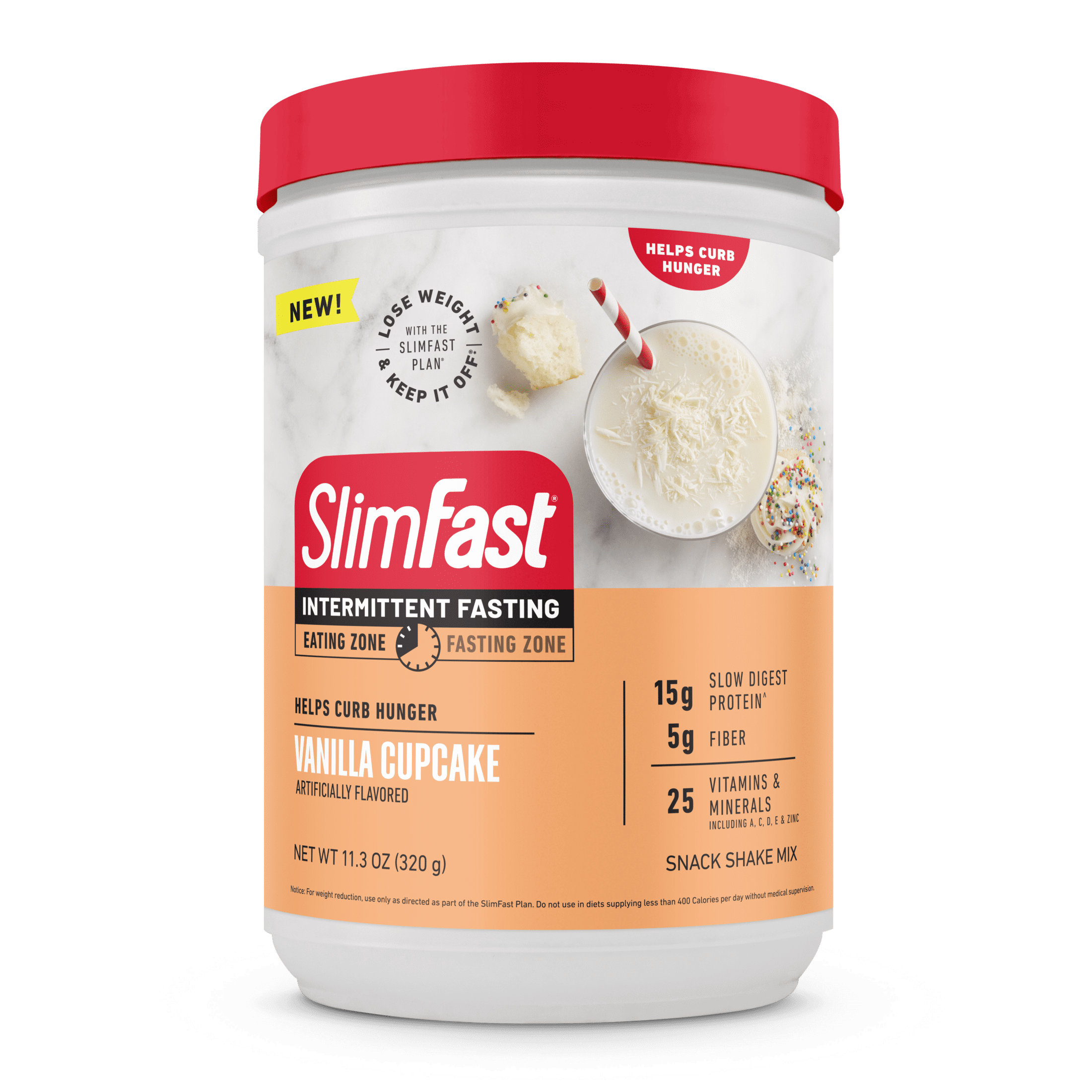 SlimFast Intermittent Fasting, Vanilla Cupcake, Snack Shake Mix, Casein Protein Powder, 10 Servings