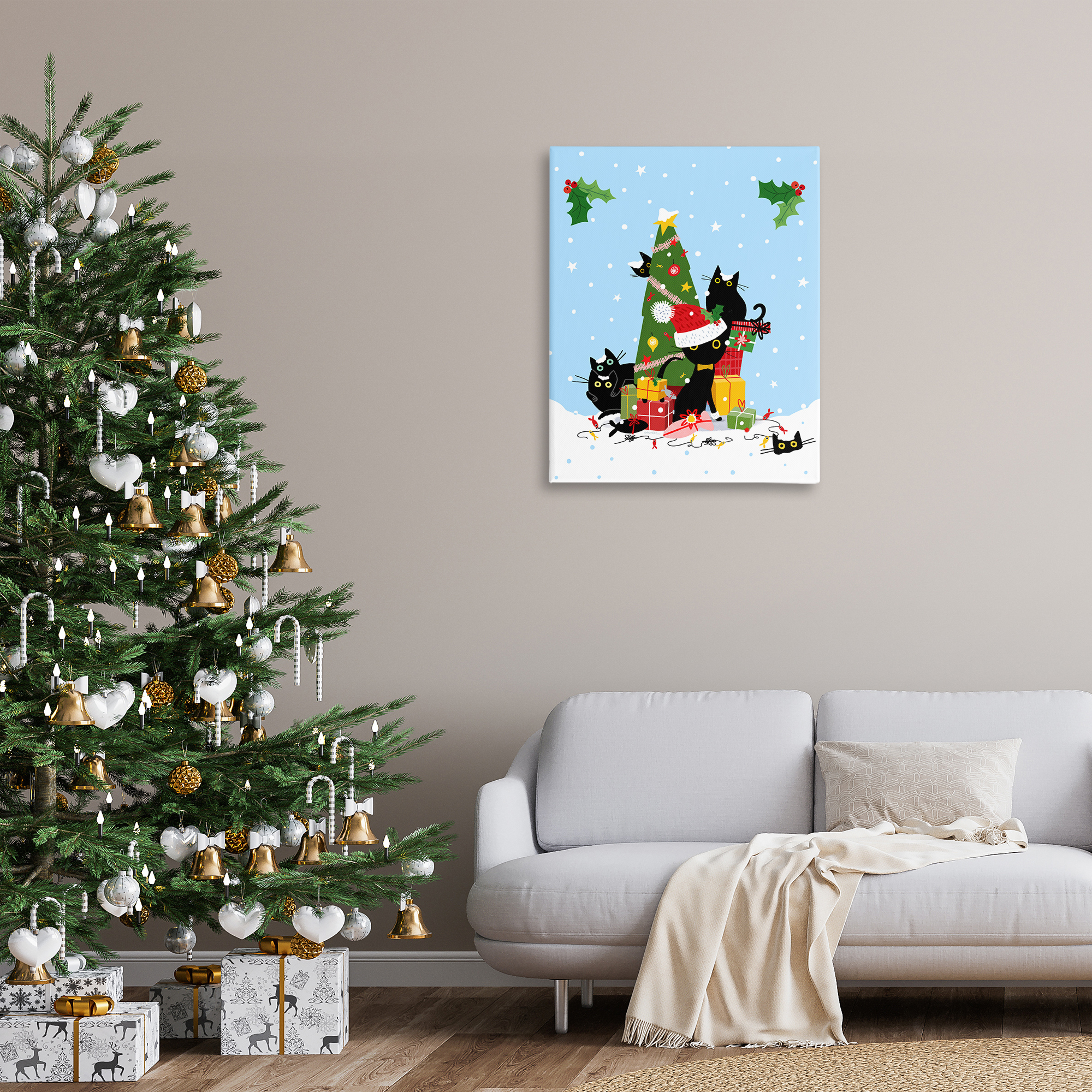 Stupell Industries Silly Cats in Christmas Tree Holiday Painting Gallery Wrapped Canvas Art Prints Wall Art, 30 x 40