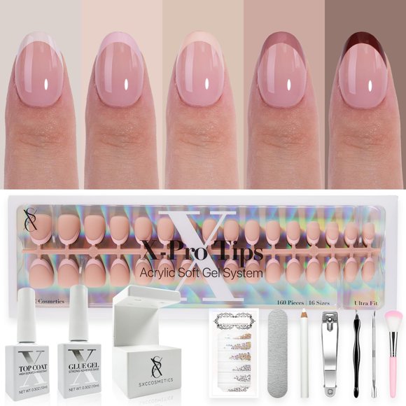 SXC Cosmetics French Tip Press On Nails - Skin Tone Nude and Color Series XS Almond X-Pro Tips Starter Kit ST118KIT