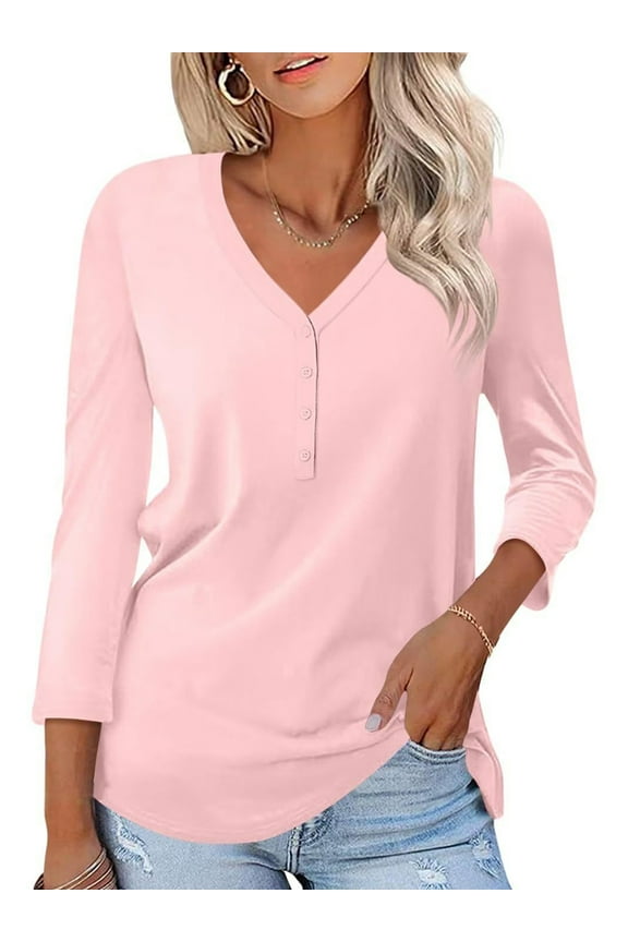 Women Tops Button V Neck 3/4 Sleeve T Shirts Casual Fall Tops Solid Color Basic Cute Pink Tee Clothes Size XL