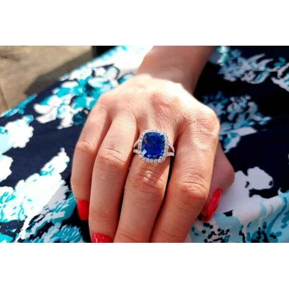 4Ct Cushion Cut Simulated Blue Sapphire Halo Engagement Ring In 14K White Gold Plated