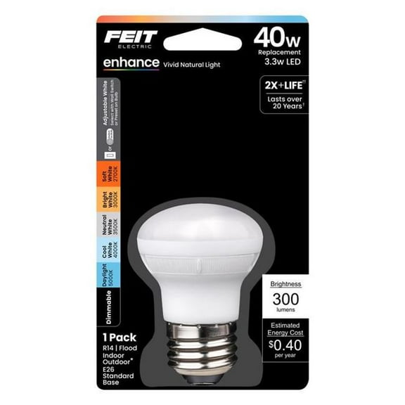 Feit Electric 3018693 40W R14 E26 Medium LED Bulb - Adjustable Equivalence, White