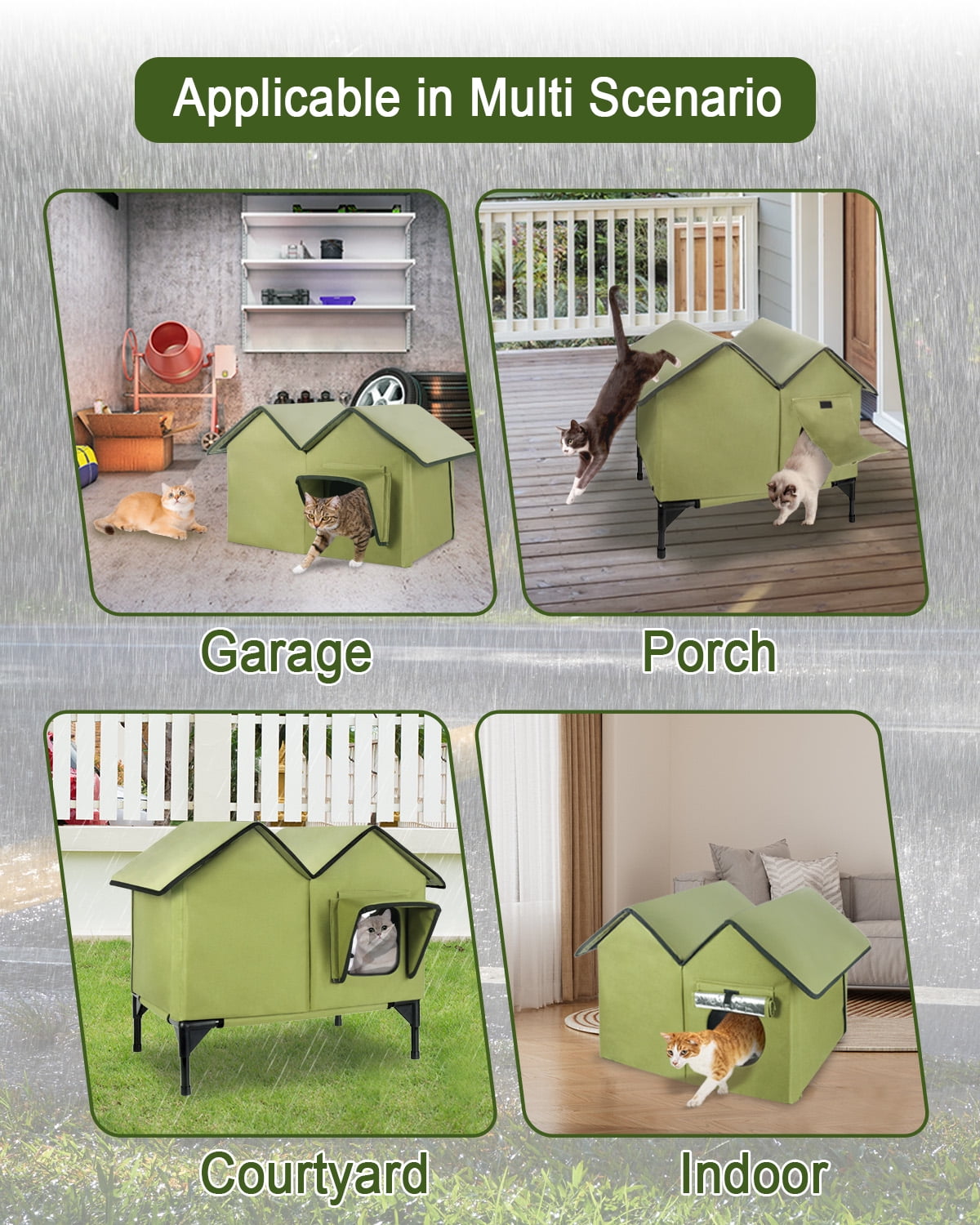 Large Outdoor Cat House Weatherproof, Elevated Feral Cat House Outdoor with a 5.9" Elevated Base, Waterproof PVC Tarpaulin roof Cat Shelter for Multiple Cats, Easy to Assemble（Green）